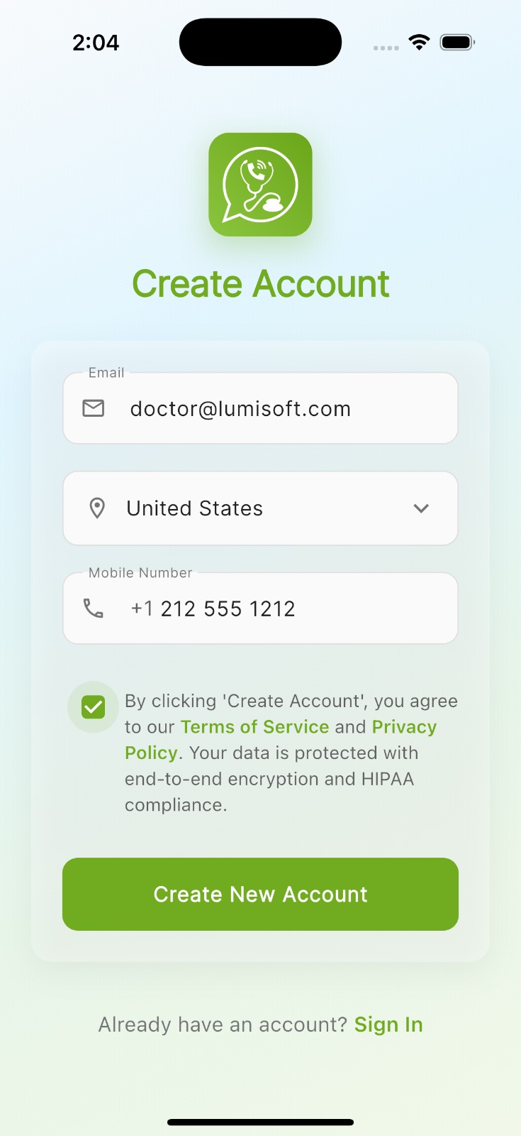 Account creation screen showing mobile number input and professional credentials